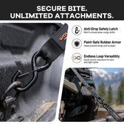 Full-bend S-hook with anti-drop safety latch and 8-shaped endless loop for secure, paint-safe attachment to rails, hooks and tie-down points.