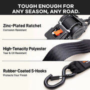 Close-up of a zinc-plated corrosion-resistant ratchet, rubber-coated handle, fully rubber-wrapped S-hook and tight-woven polyester webbing strap.