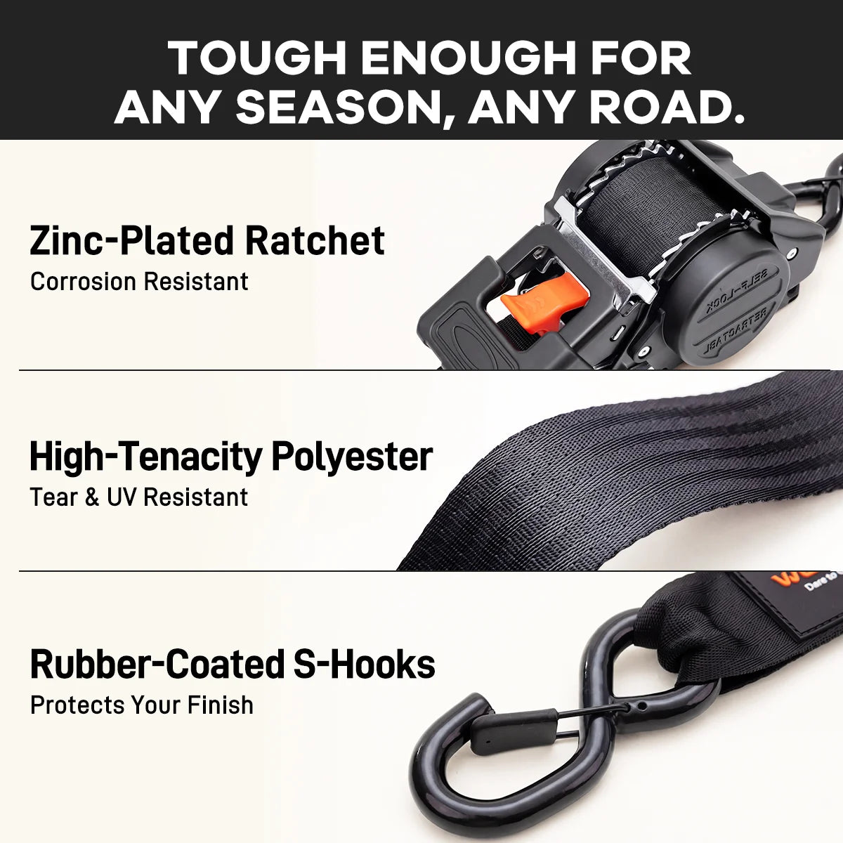 Close-up of a zinc-plated corrosion-resistant ratchet, rubber-coated handle, fully rubber-wrapped S-hook and tight-woven polyester webbing strap.