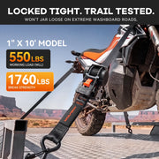 1-inch x 10-foot retractable ratchet strap rated to 550 lbs working load and 1,760 lbs break strength, holding cargo on off-road racks and trailers.