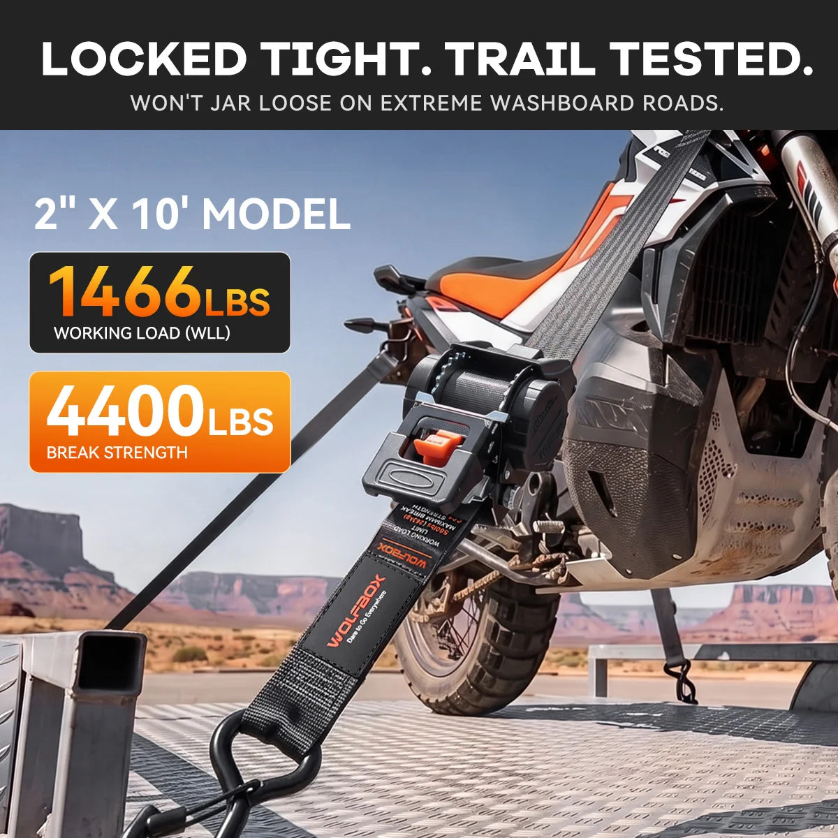 2-inch x 10-foot retractable ratchet strap rated to 1,466 lbs working load and 4,400 lbs break strength for heavy truck, trailer and hauling loads.