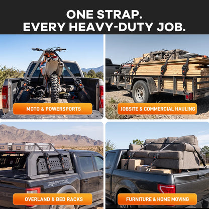 	One retractable ratchet strap across four heavy-duty jobs: securing motorcycles and powersports gear, boards, overland roof racks and furniture.