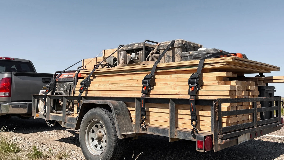 Stacked lumber and boards strapped to a truck bed rack with retractable ratchet straps, keeping a heavy load stable on rough desert roads.