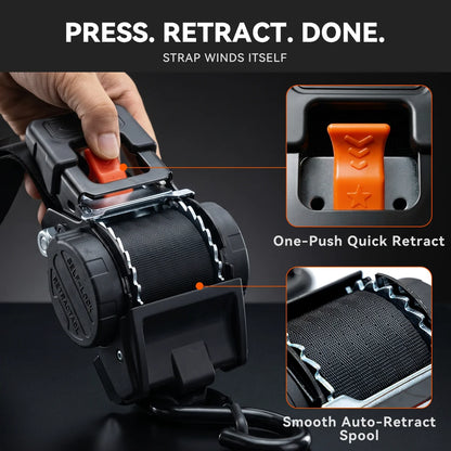 One-push quick-retract ratchet strap: press the release to wind the webbing back into the spool for fast, tangle-free setup and storage.