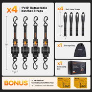 What is in the box: four 1-inch x 10-foot retractable ratchet straps, four 10.5-inch soft loop straps, a storage bag, a gift box and two bonus 3M accessories.