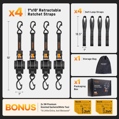 What is in the box: four 1-inch x 10-foot retractable ratchet straps, four 10.5-inch soft loop straps, a storage bag, a gift box and two bonus 3M accessories.