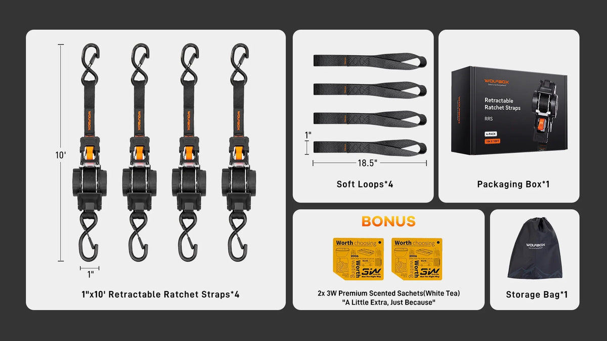 Wolfbox 4-pack of 1-inch x 10-foot retractable ratchet straps with soft loop straps, storage bag, packaging box and bonus 3M accessories included.