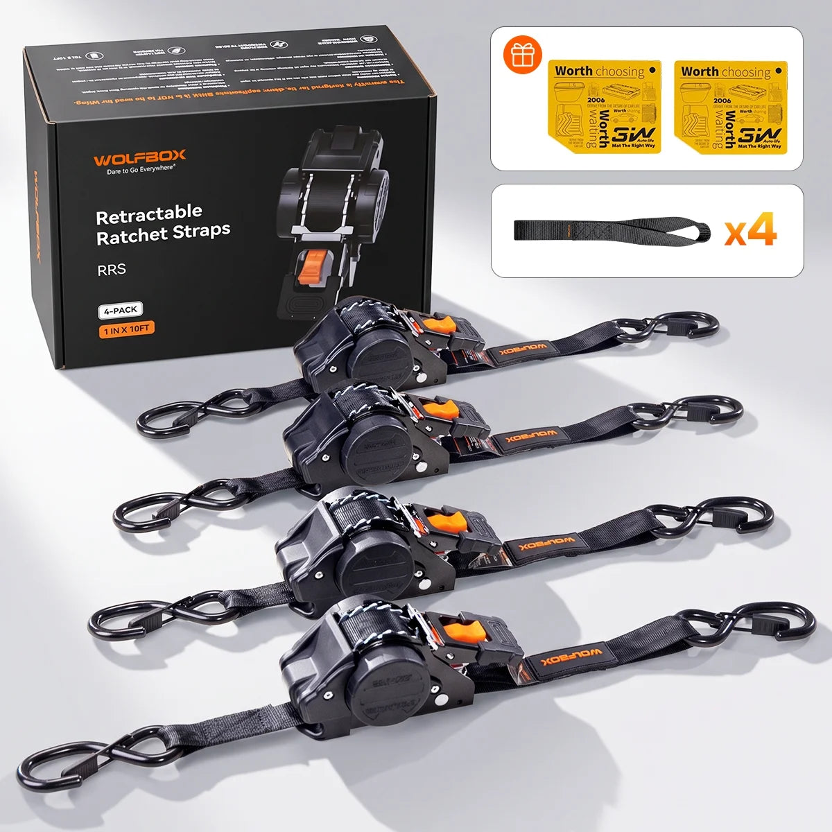 Wolfbox 4-pack of 1-inch x 10-foot retractable ratchet straps with auto-retract spool, zinc-plated ratchet, and soft loop straps for truck beds and trailers.