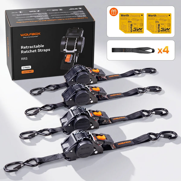 Wolfbox 4-pack of 1-inch x 10-foot retractable ratchet straps with auto-retract spool, zinc-plated ratchet, and soft loop straps for truck beds and trailers.