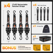 What is included: four 2-inch x 10-foot retractable ratchet straps, four 10.5-inch soft loop straps, a storage bag, a packaging box and two bonus 3M extras.