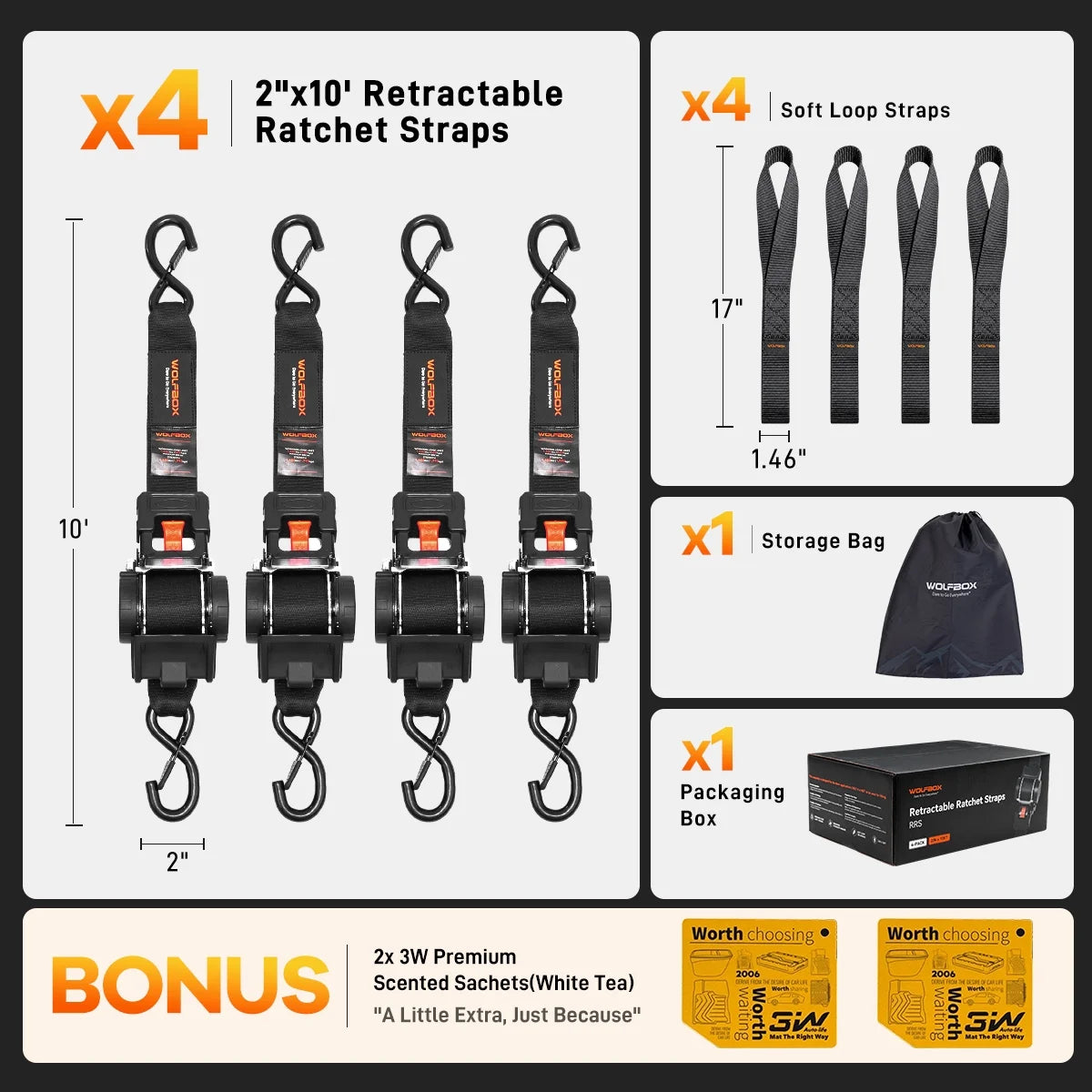What is included: four 2-inch x 10-foot retractable ratchet straps, four 10.5-inch soft loop straps, a storage bag, a packaging box and two bonus 3M extras.