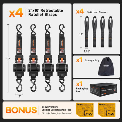 What is included: four 2-inch x 10-foot retractable ratchet straps, four 10.5-inch soft loop straps, a storage bag, a packaging box and two bonus 3M extras.