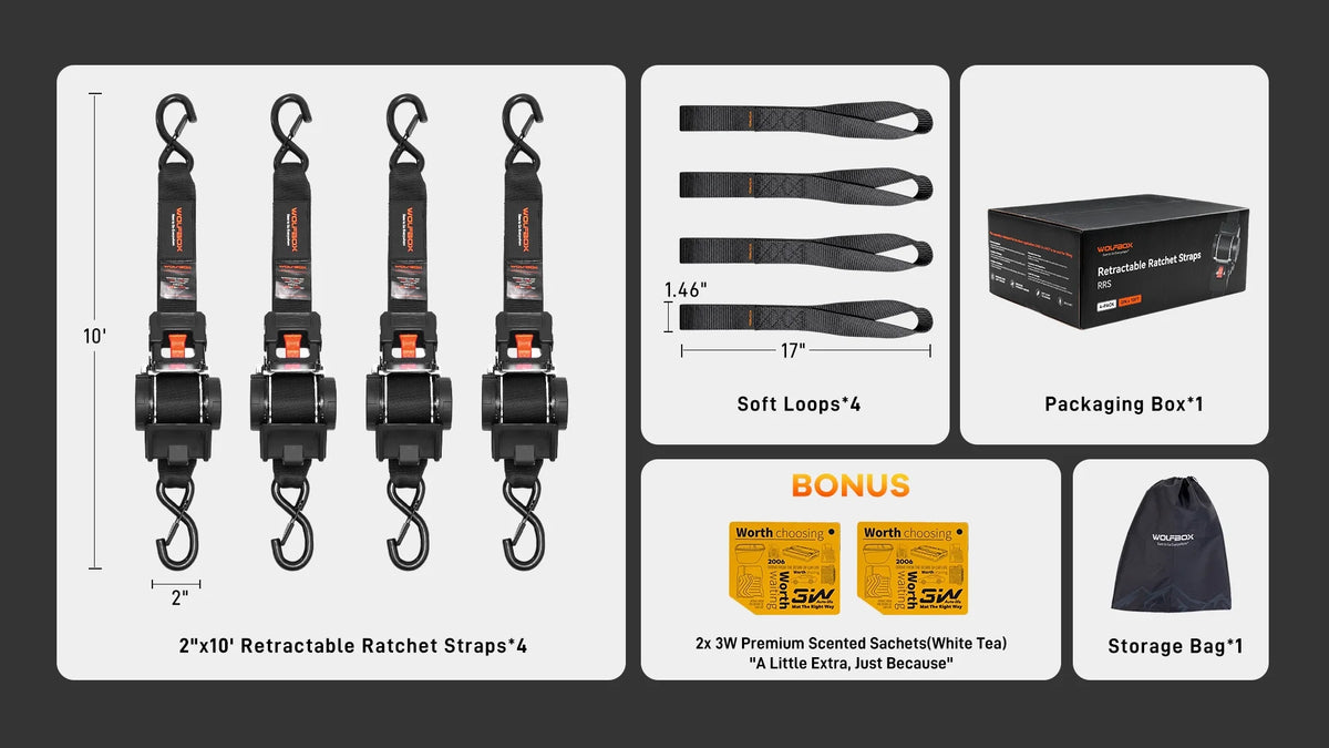Wolfbox 4-pack of 2-inch x 10-foot retractable ratchet straps with soft loop straps, storage bag, packaging box and bonus 3M accessories included.
