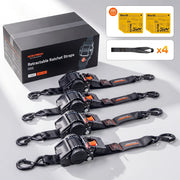 Wolfbox 4-pack of 2-inch x 10-foot retractable ratchet straps with one-push quick-retract spool and heavy-duty hooks for hauling gear, ATVs and furniture.