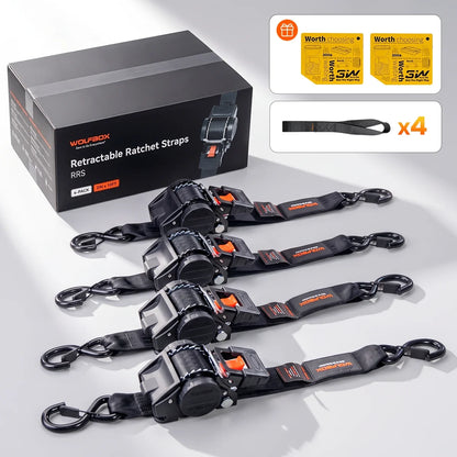 Wolfbox 4-pack of 2-inch x 10-foot retractable ratchet straps with one-push quick-retract spool and heavy-duty hooks for hauling gear, ATVs and furniture.