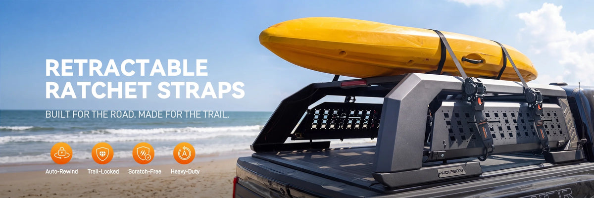 Desktop hero banner of retractable ratchet straps holding a yellow kayak on a truck bed rack, highlighting auto-retract, tie-down and wear-free design.