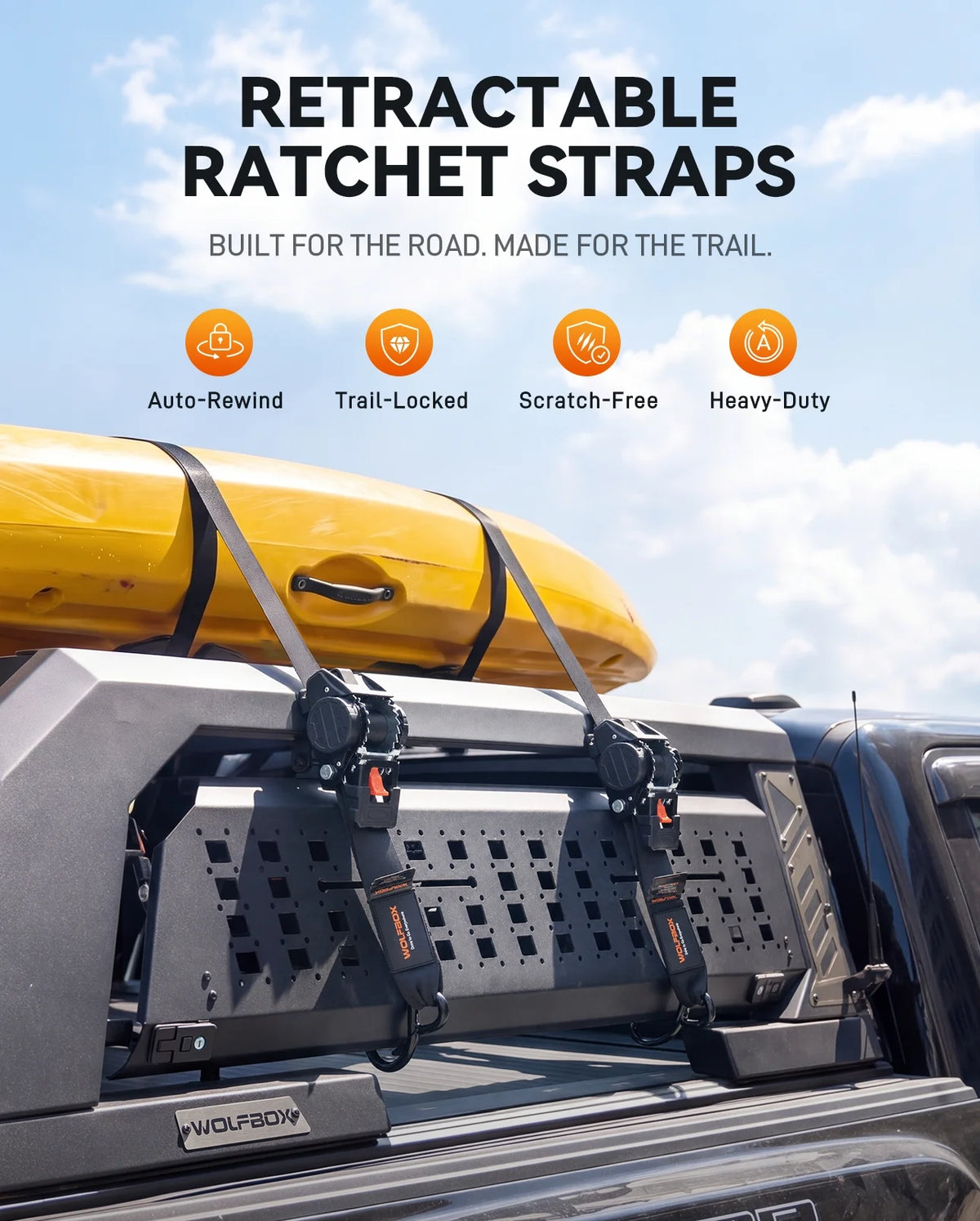Mobile hero image of Wolfbox retractable ratchet straps securing a yellow kayak on a truck rack, with auto-retract, tie-down and wear-free icons.
