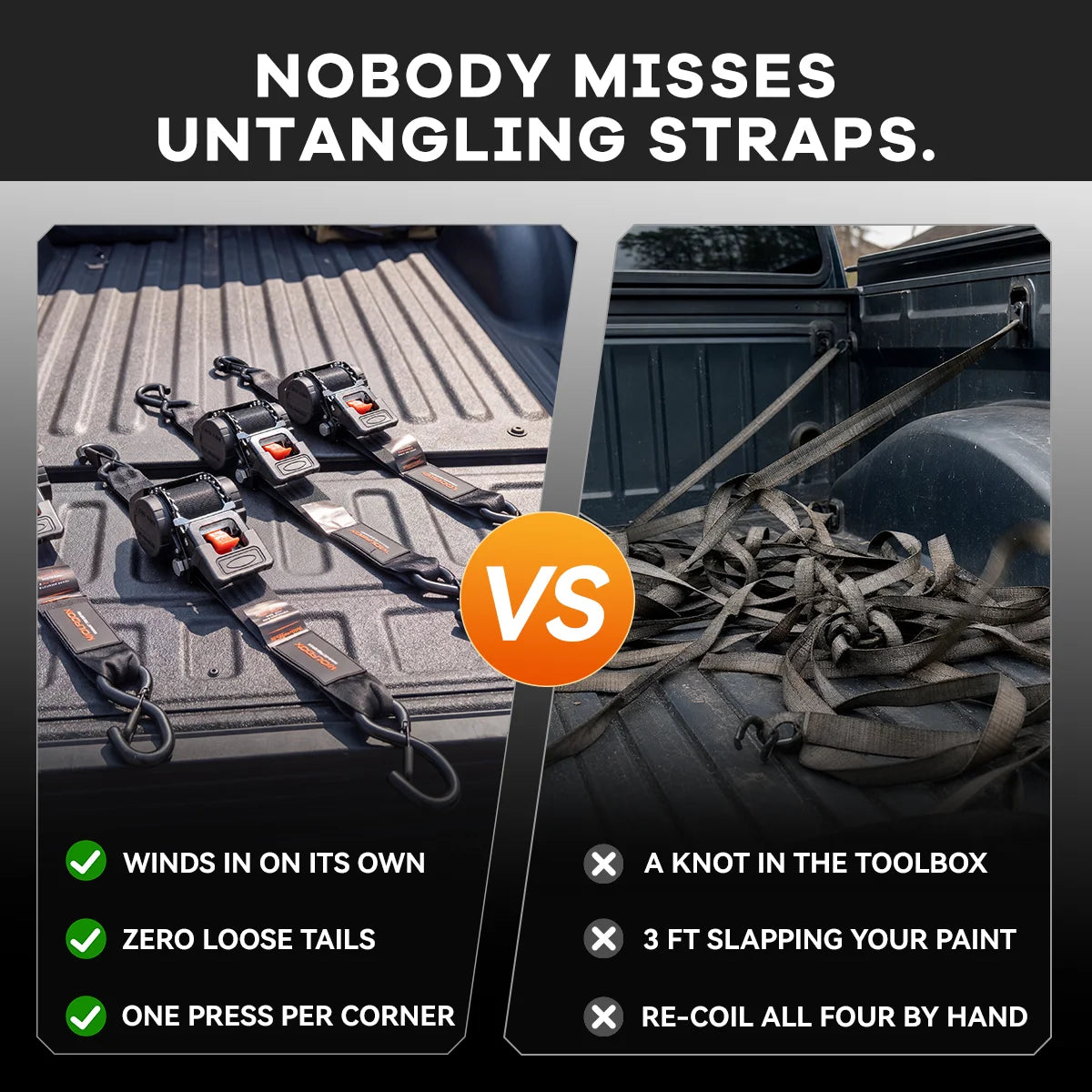 Side-by-side comparison of retractable ratchet straps versus standard straps: no tangled webbing, no loose tails and one strap per corner.