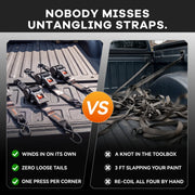 Side-by-side comparison of retractable ratchet straps versus standard straps: no tangled webbing, no loose tails and one strap per corner.