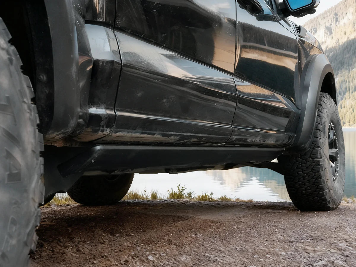 Retractable truck steps tucked away to maintain a clean look that complements the vehicle’s design.