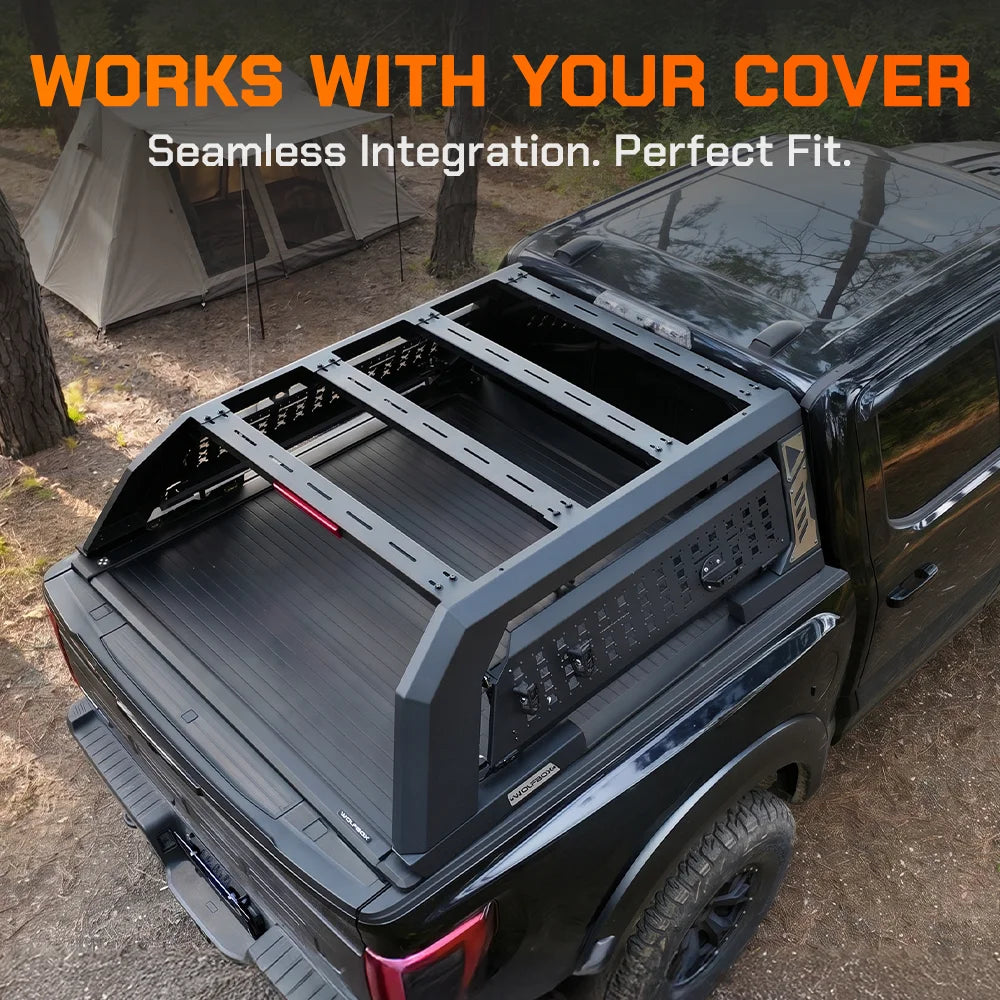 Seamless integration of the MTB-R1 overland rack with a retractable tonneau cover.