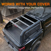 Seamless integration of the MTB-R1 overland rack with a retractable tonneau cover.