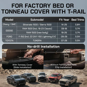 Universal fit overland truck bed rack compatible with F-150, RAM, Silverado, and Tundra.