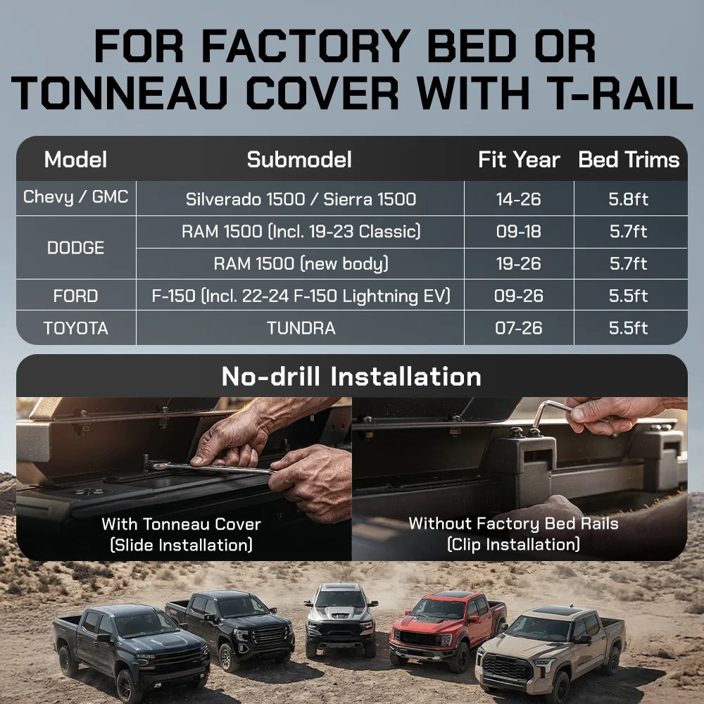 Universal fit overland truck bed rack compatible with F-150, RAM, Silverado, and Tundra.