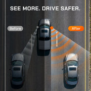 Side-by-side view showing WOLFBOX wide-angle mirror vs. standard mirror to eliminate blind spots.