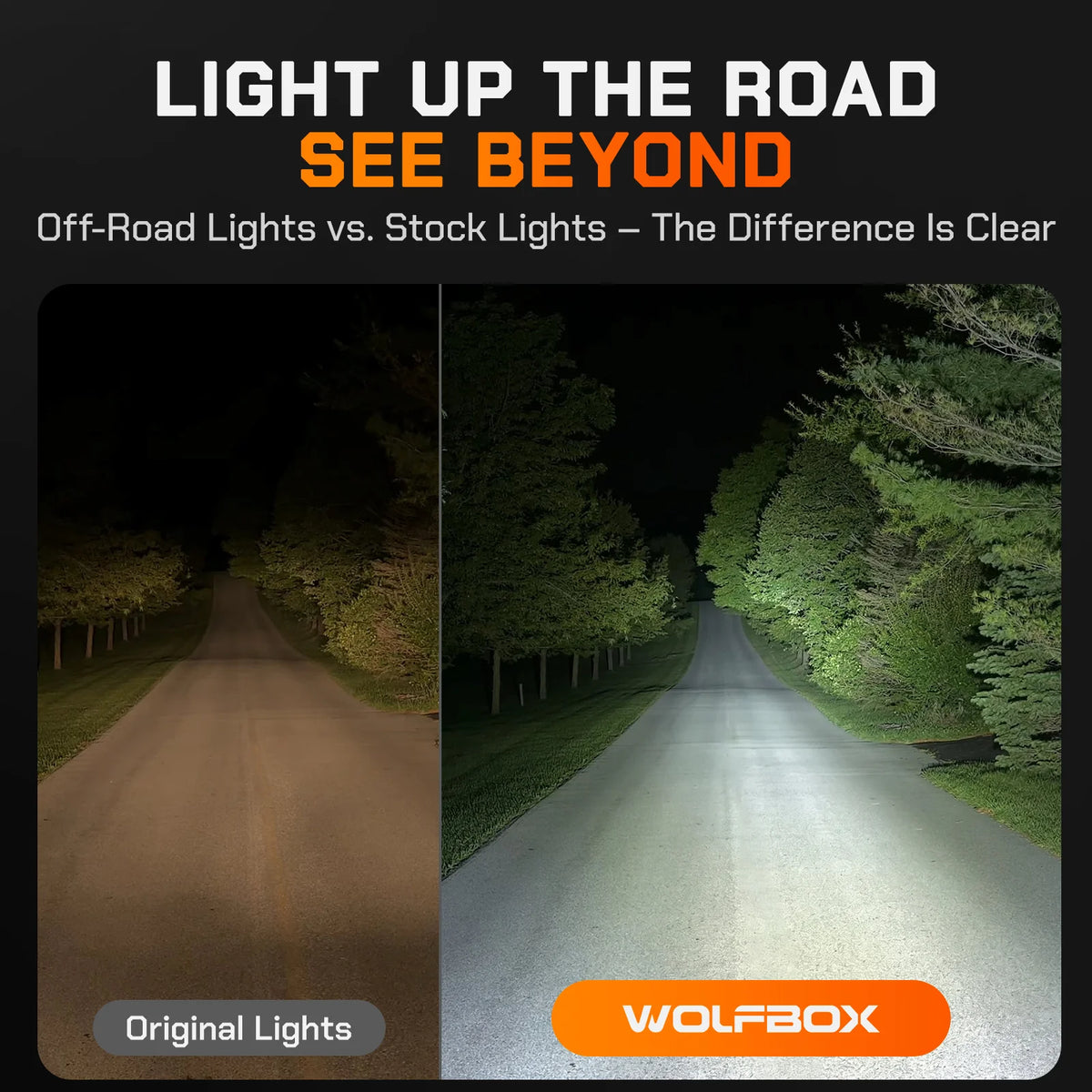 WOLFBOX 5 Inch Off-Road LED Light Bar vs Stock Lights Night Road Visibility Side-by-Side Comparison