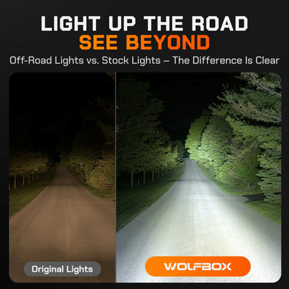 WOLFBOX 7 Inch Off-Road LED Light Bar vs Stock Headlights Night Driving Visibility Comparison