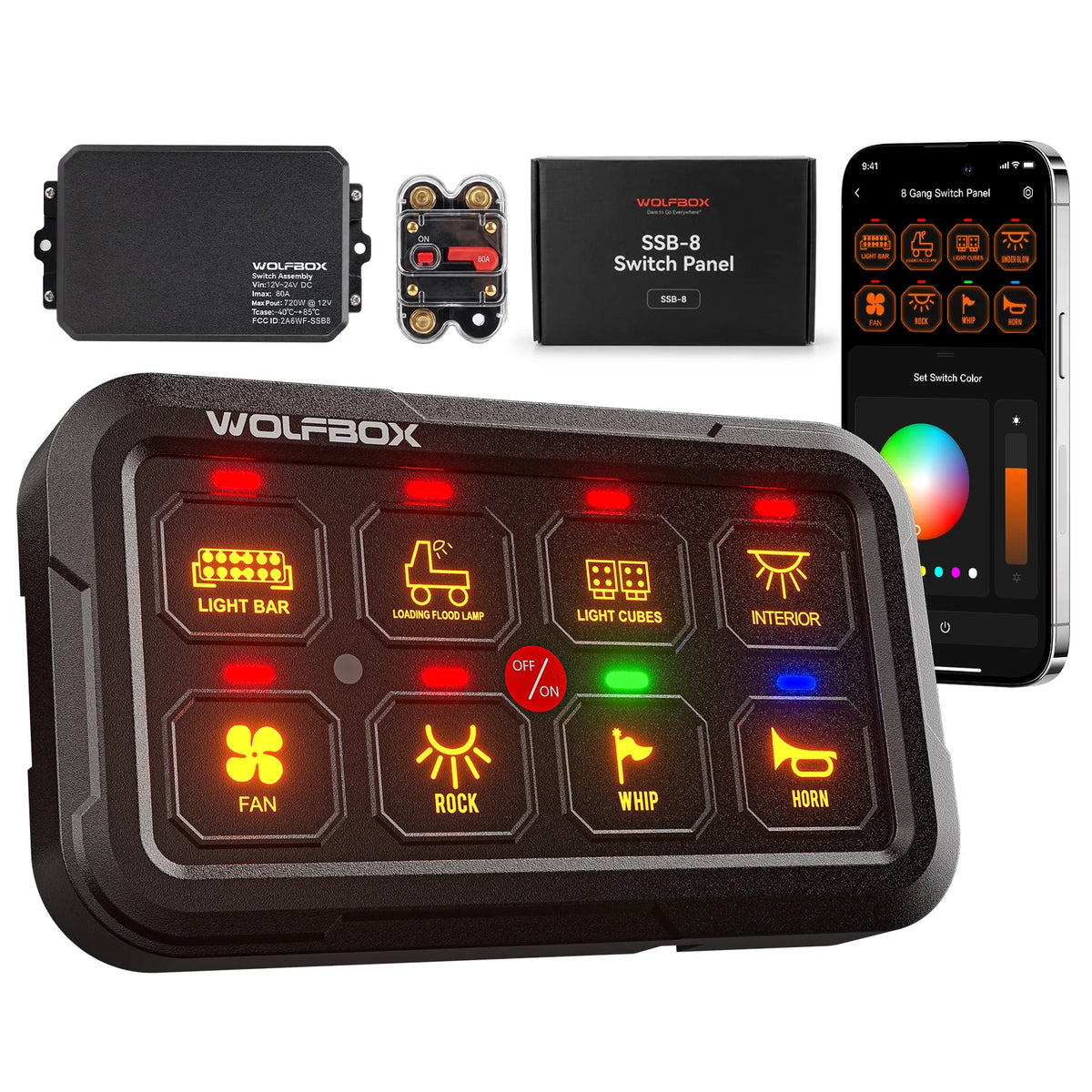 Wolfbox RG2 8-gang smart switch panel with RGB backlit buttons, control module, and mobile app — a programmable vehicle accessory switch system for trucks, UTVs, and SUVs.