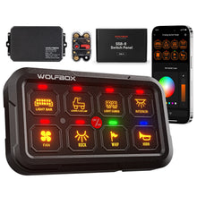 Wolfbox RG2 8-gang smart switch panel with RGB backlit buttons, control module, and mobile app — a programmable vehicle accessory switch system for trucks, UTVs, and SUVs.