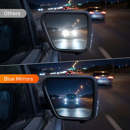 WOLFBOX blue-tinted side mirror vs. standard mirror, showing effective anti-glare performance against high beams.