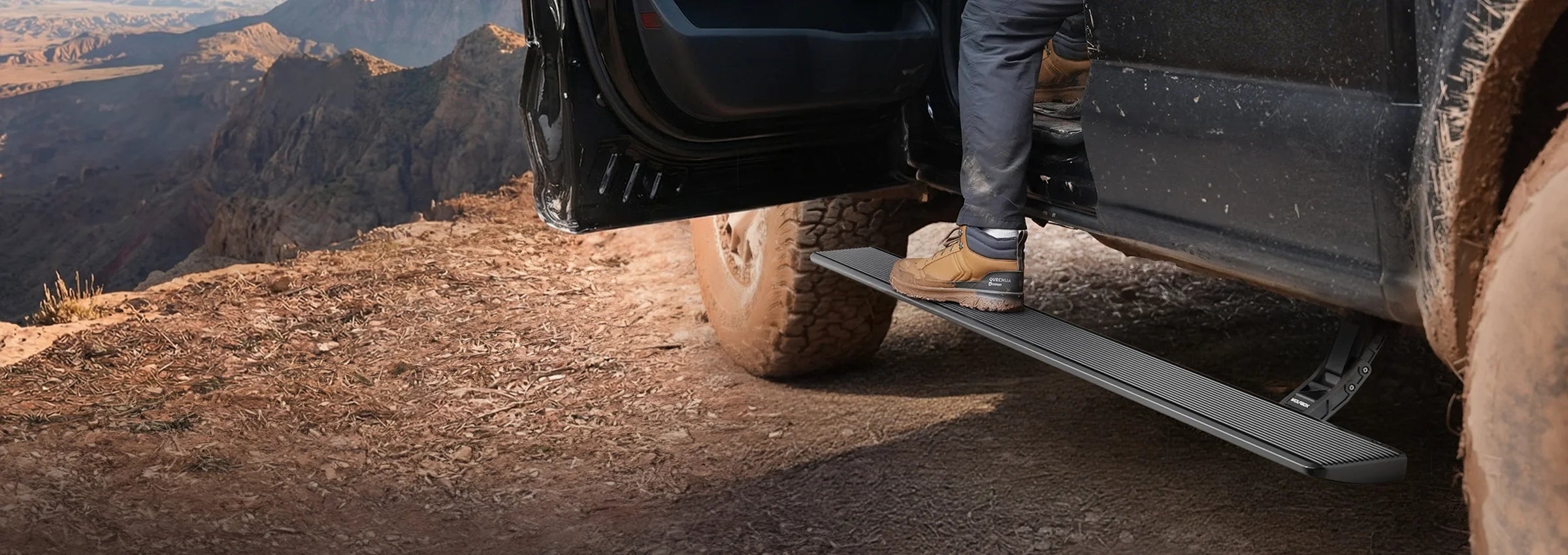 WOLFBOX retractable power running boards featuring auto-deploy, LED lighting, and all-weather performance for trucks.