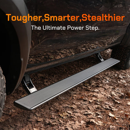 WOLFBOX retractable power running boards deployed on a rugged truck for ultimate vehicle access.