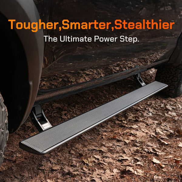 WOLFBOX retractable power running boards deployed on a rugged truck for ultimate vehicle access.