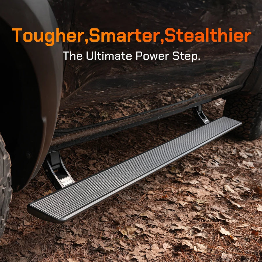 WOLFBOX retractable power running boards deployed on a rugged truck for ultimate vehicle access.