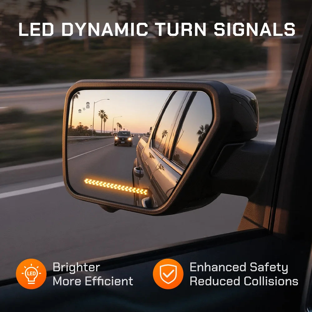 WOLFBOX side mirror with dynamic LED turn signals to enhance visibility and reduce collisions.