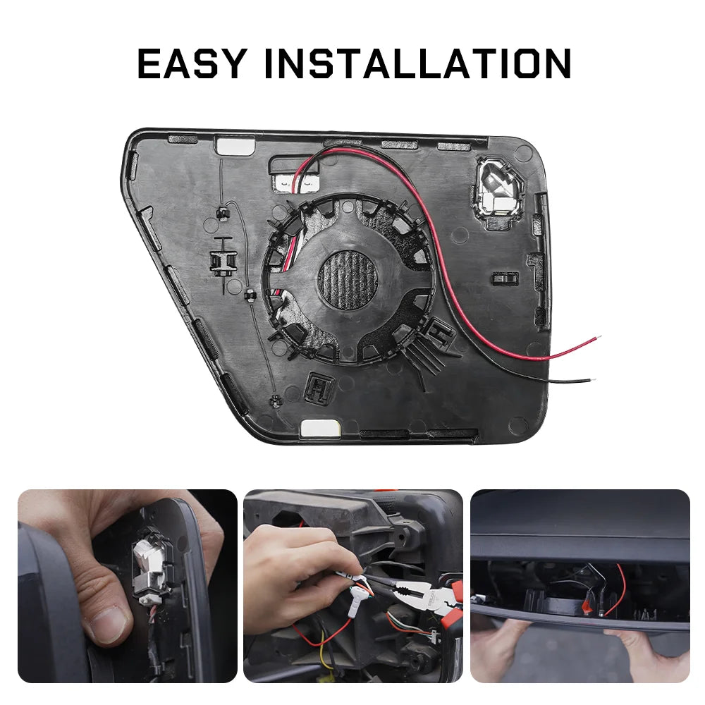 Step-by-step easy installation of WOLFBOX side mirror glass featuring factory-style clips and simple plug-and-play wiring.