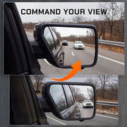 Comparison of WOLFBOX wide-angle convex side mirror vs. standard mirror for blind spot elimination.