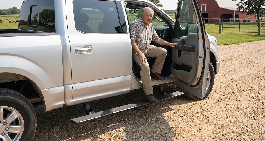 Older adult using a Wolfbox power side step to safely climb into a lifted Jeep, showing the low step height and stable footing for seniors and limited-mobility drivers.
